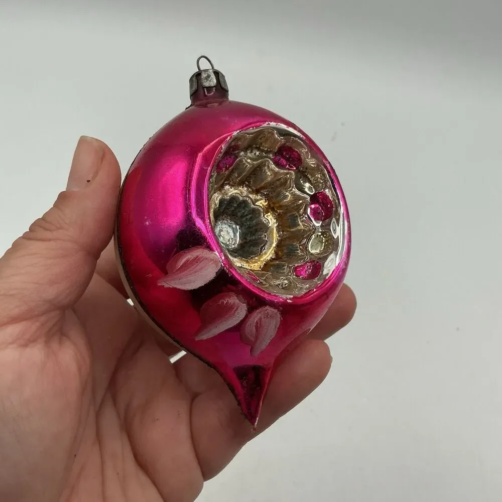 Vintage Mercury Glass Indent Christmas Ornament Pink Floral Teardrop 4.5”